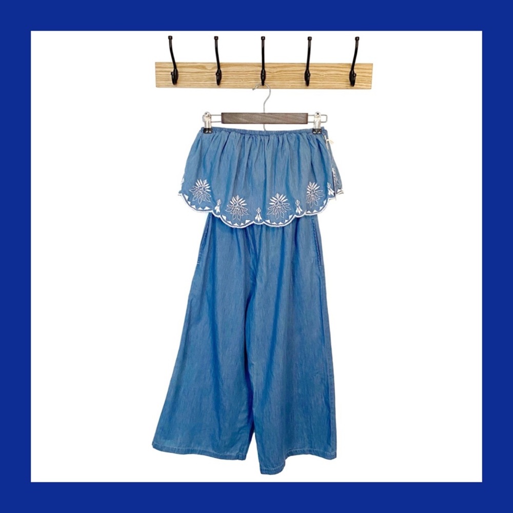 JESSICA SIMPSON Blue Chambray Embroidered Strapless Cropped Jumpsuit XS NWT